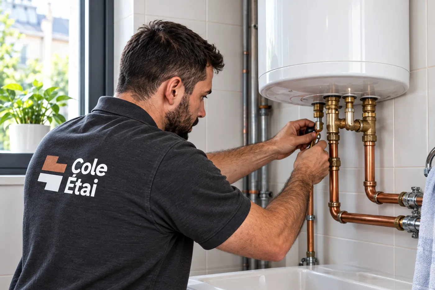 Plombier Cole Étai contrôlant les raccords en cuivre et le groupe de sécurité sous un chauffe-eau électrique