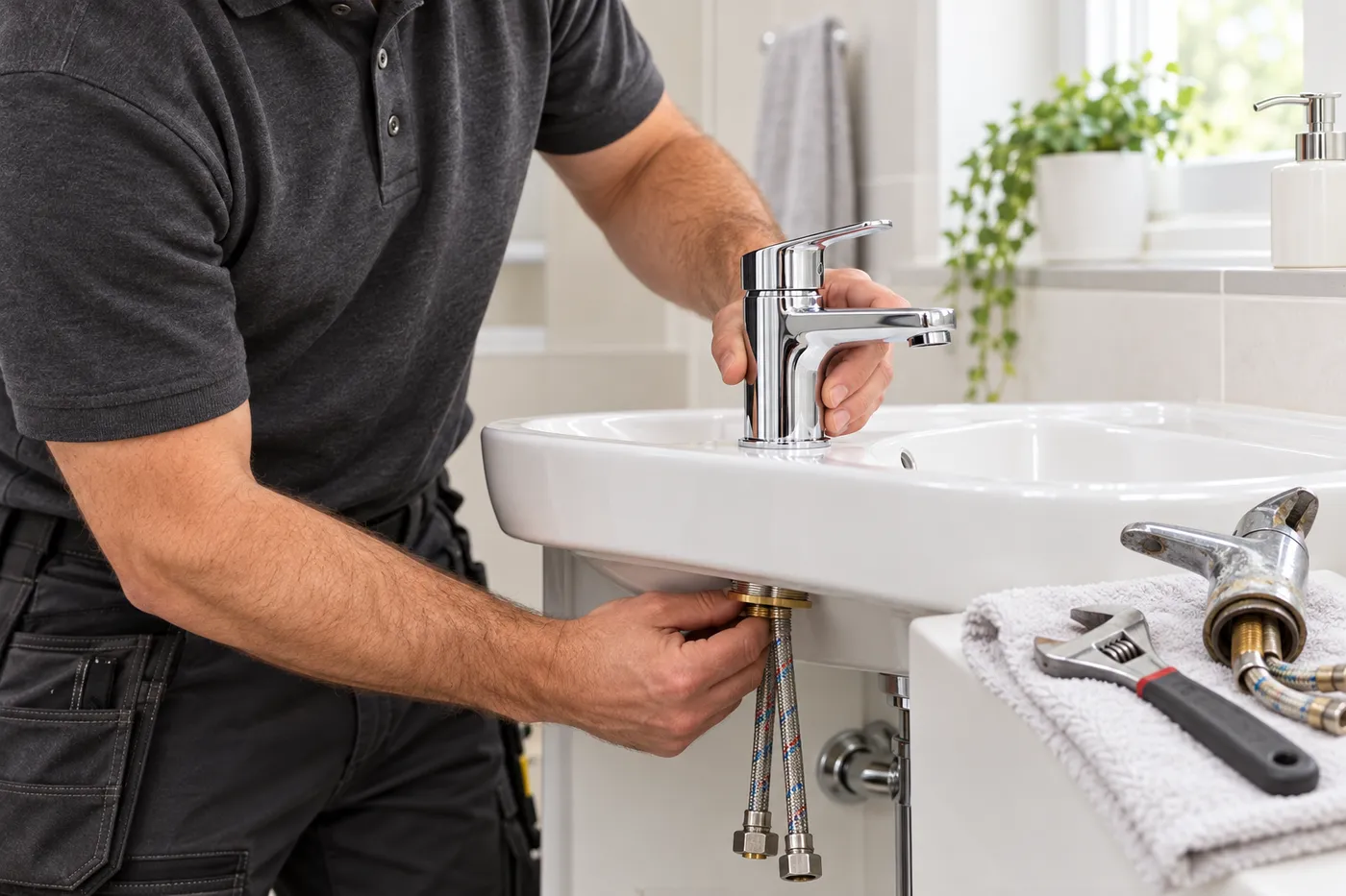 Pose d'un mitigeur chromé neuf sur un lavabo, flexibles inox raccordés